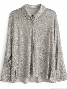 Abercrombie & Fitch Sequin Button Down Top Silver Long Sleeve Party Blouse M